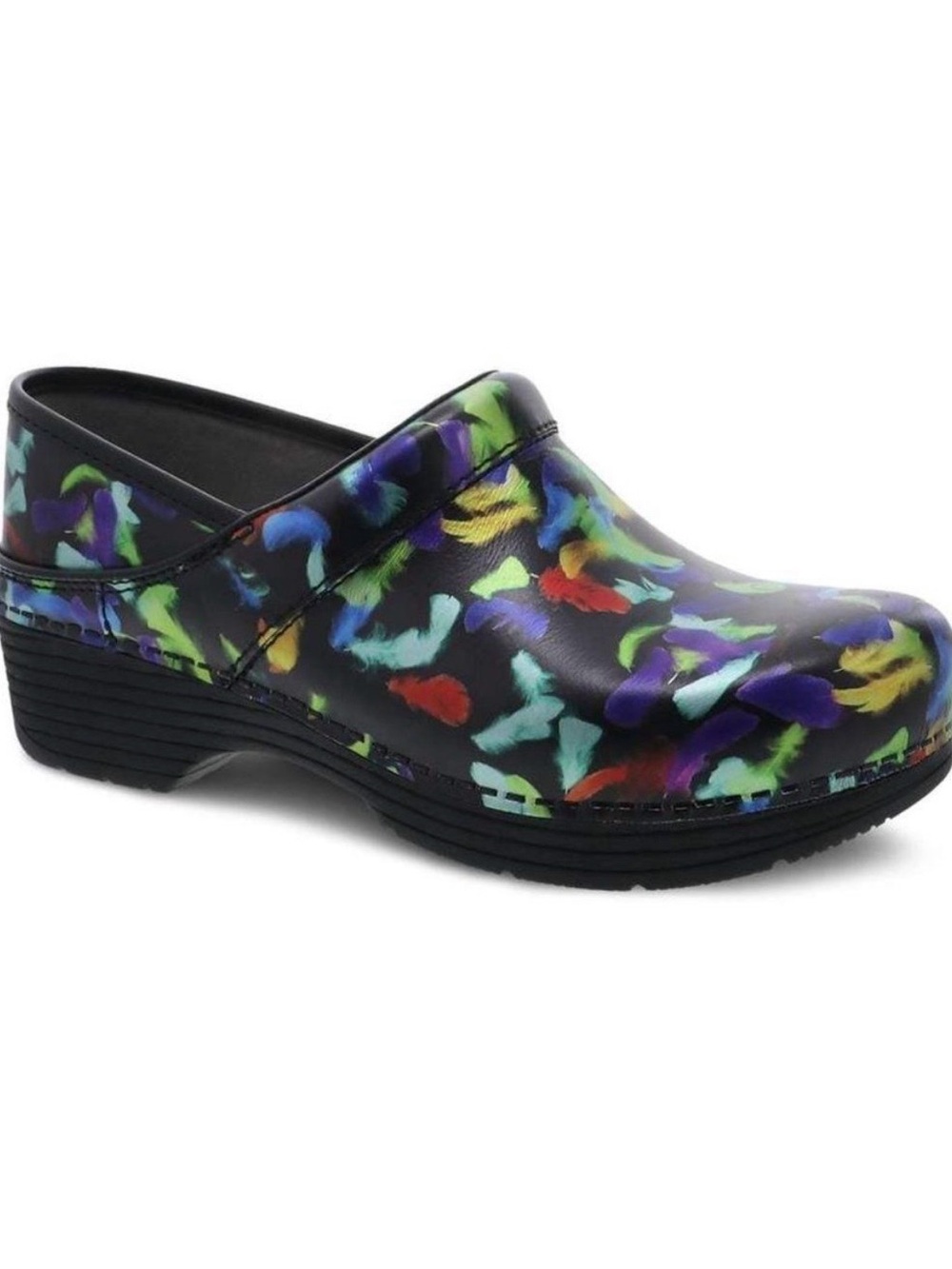 Dansko LT Pro Clogs Women Black Multi Feather Print-NWOT-size 40